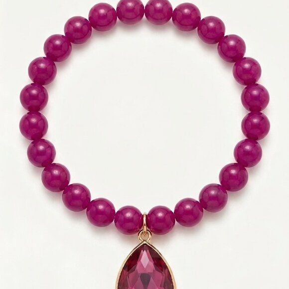 Jewelry - Magenta Beaded Stretch Bracelet with Teardrop Crystal Charm